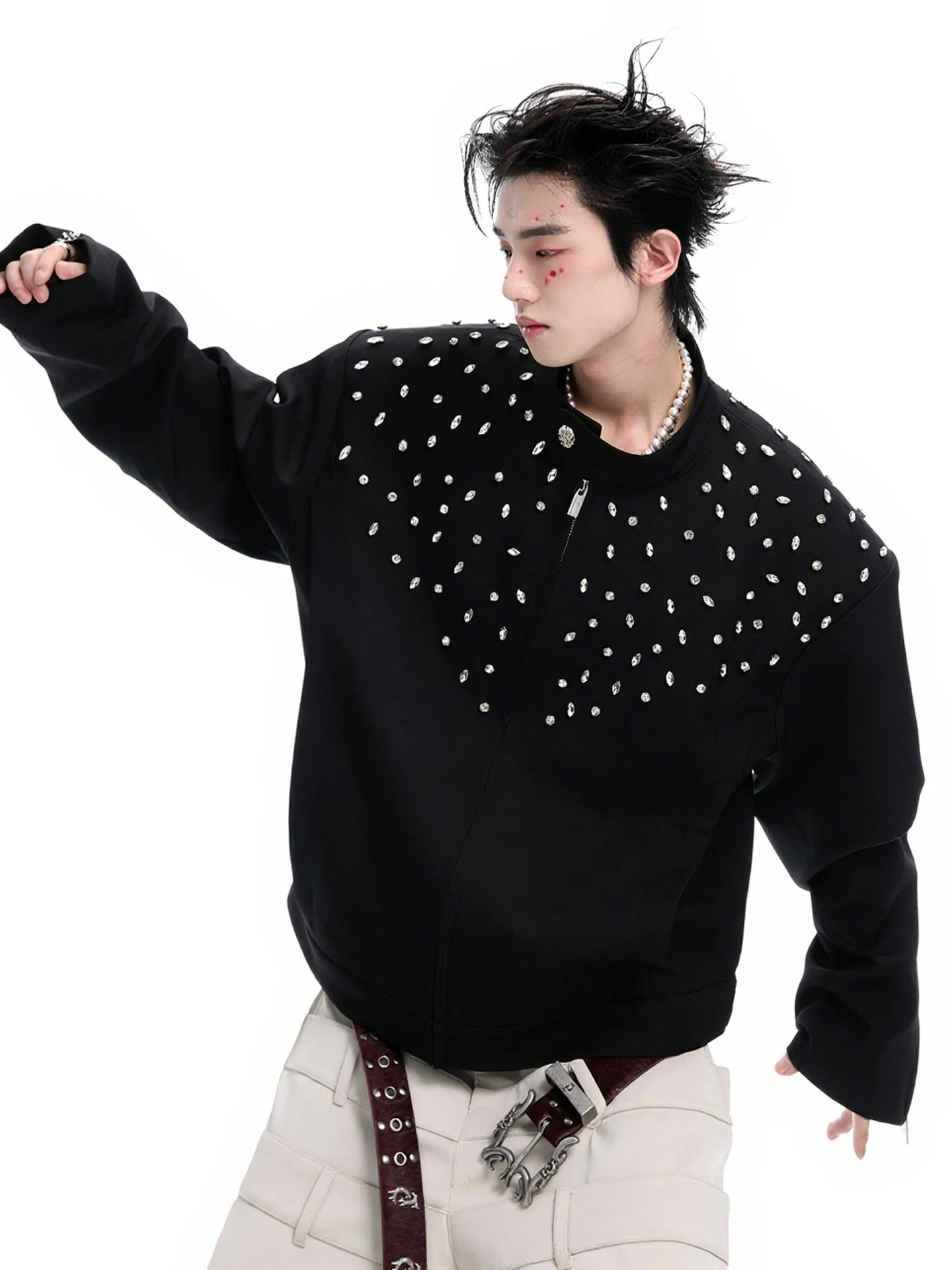 2025 Autumn New High-end Heavy-duty Rhinestone Short Jacket Zipper Long Sleeve Loose Casual Stylish Couple Coat Trendy Men