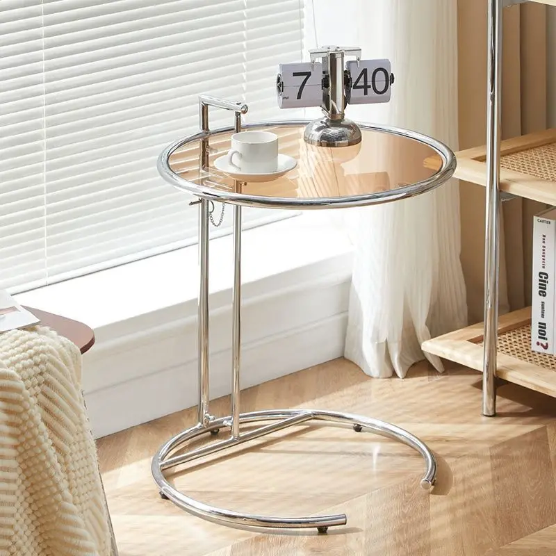 Adjustable Height Round Glass Side End Table Chrome Plated Metal Frame Lift Top Coffee Table For Living Room Bedroom Sofa