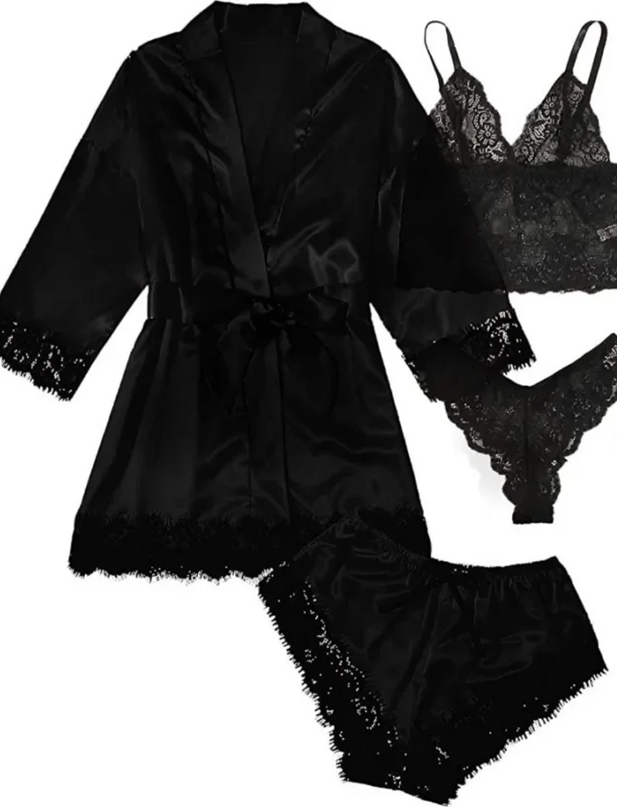 New 4pcs/set Home Clothes Fashion Robe Sleep Women Pajamas Skirt Nightwear Lace Satin with Silk Sleepwear Robe Sexy Pajama Pants