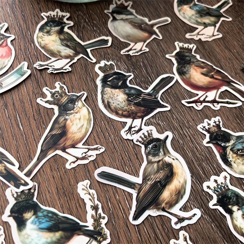 14PCS Retro Crown Bird Stickers DIY Scrapbooking Junk Journal Base Collage Diary Album Gift Decoration