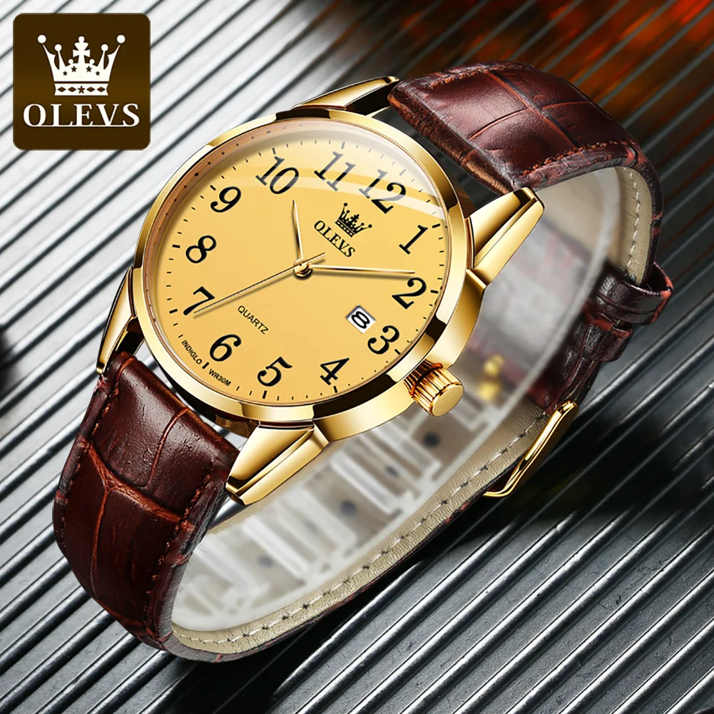 OLEVS 5566 Fashion Quartz Watch For Men Leather Strap Waterproof Original Watch Arabic Numeral Scale HD Calendar Window Watch