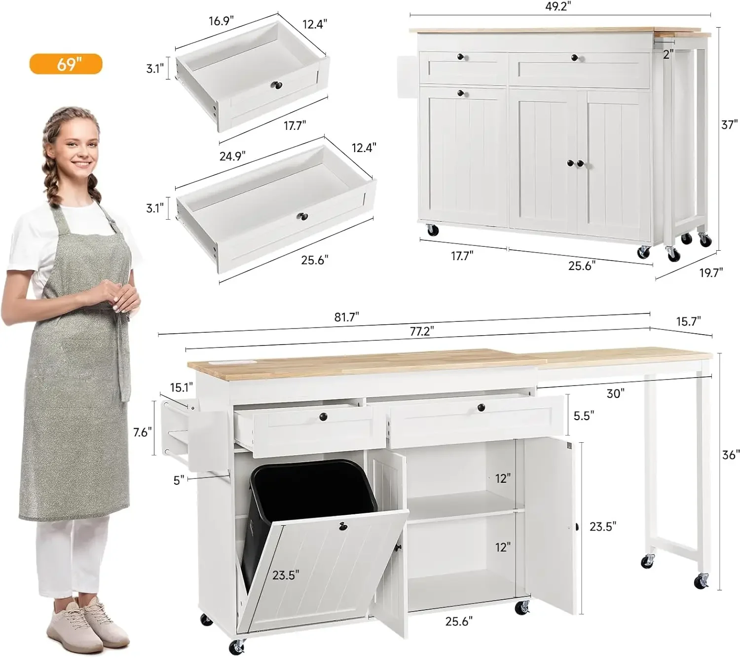 جزر المطبخ مع طاولة طعام قابلة للتمديد، جزر تخزين المطبخ المتنقلة مقاس 81.7 بوصة، عربة مطبخ دوارة مع خزانة قمامة #2