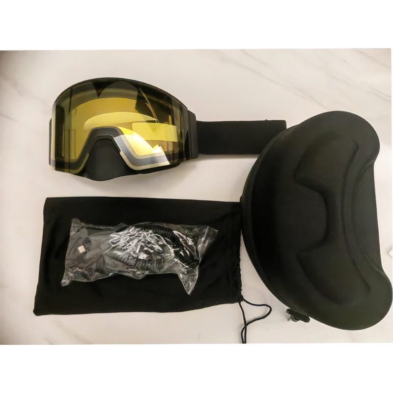 แว่นตาสกีอุ่นไฟฟ้าพร้อมเลนส์ที่ถอดออกได้ Frameless ป้องกันหมอก UV 400 ป้องกันสโนว์บอร์ด Snow Goggle