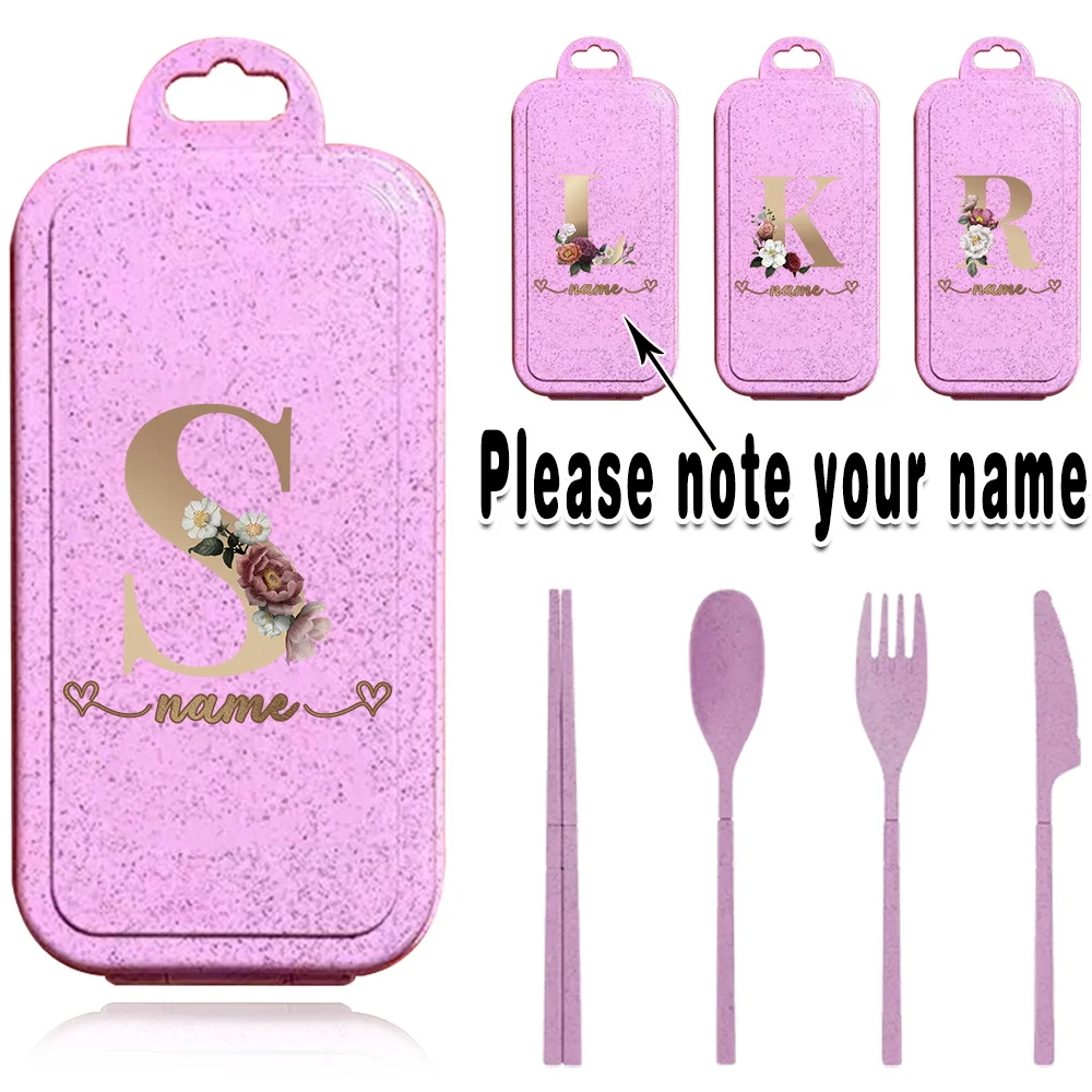 

4 Pcs Customized Name Detachable Cutlery Kit Wheat Straw Organizer Box Utensils Set Chopsticks Spoon Knife Storage Personalized