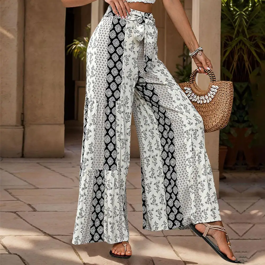 Women Pants Ethnic Style Printing Wide Leg Pants for Women High Waist Beach Trousers with Lace-up Detail Loose Fit for Summer