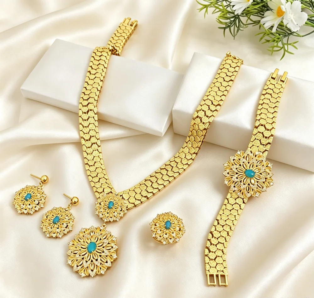 JRH Women's Gold-Plated Copper Jewelry Set Classic Style Zirconia Necklace Earrings Bracelet Ring for Party Gift