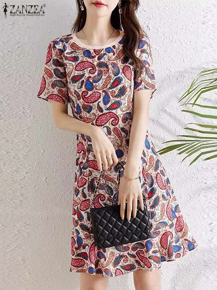 

Bohemain Printed Dress ZANZEA Women Summer Sundress Short Sleeve Ruffles Hem Vestidos Robe Femme Elegant Work Party Dresses 2024