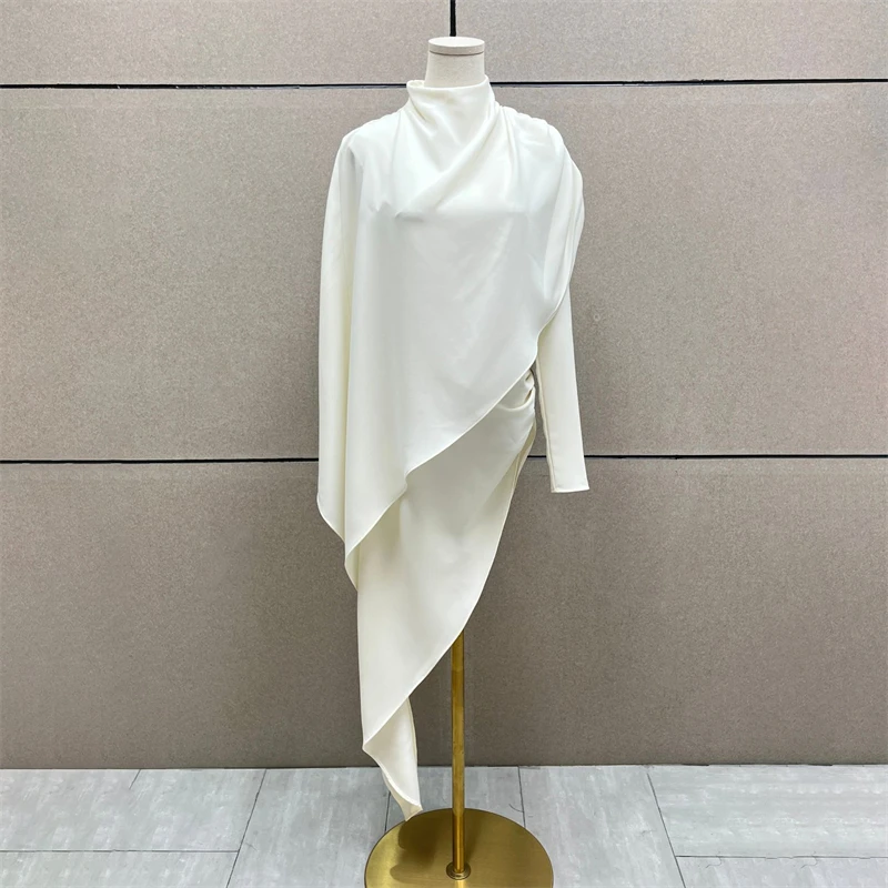 

2026 High-Quality Fashion Casual Asymmetrical Double-Layer Half-High Collar Top Shoulder-Shaped Shirt Fake Two-Piece Set y2k