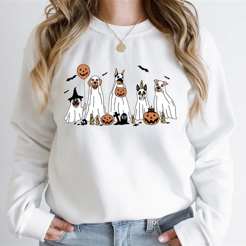 

Retro LeopardCat Lover Halloween Ghost Sweatshirts Women Skeleton Black Cat Print Sweatshirt Hoodie Skeleton Pumpkin