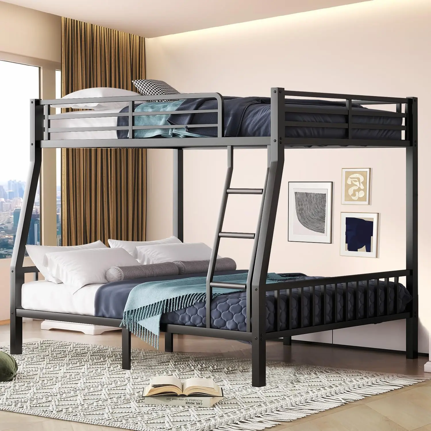 Full XL Over Queen Metal Bunk Bed with Guardrail for Adults Teens Dorm Guest Room, Customized