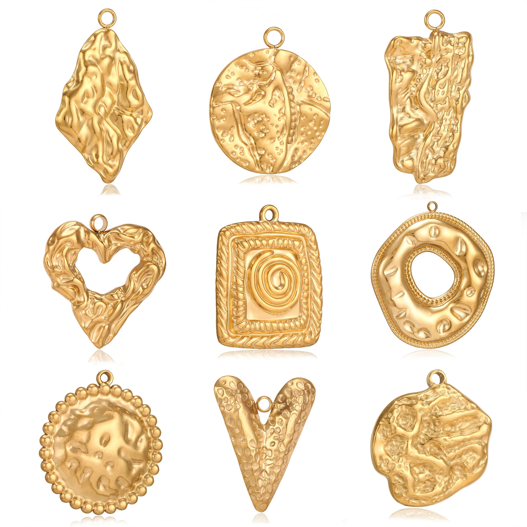 3 pièces de breloques en acier inoxydable de grande taille, forme carrée/ronde/cœur, en relief, pour la fabrication de bijoux, boucles d'oreilles, colliers, bracelets, pendentifs