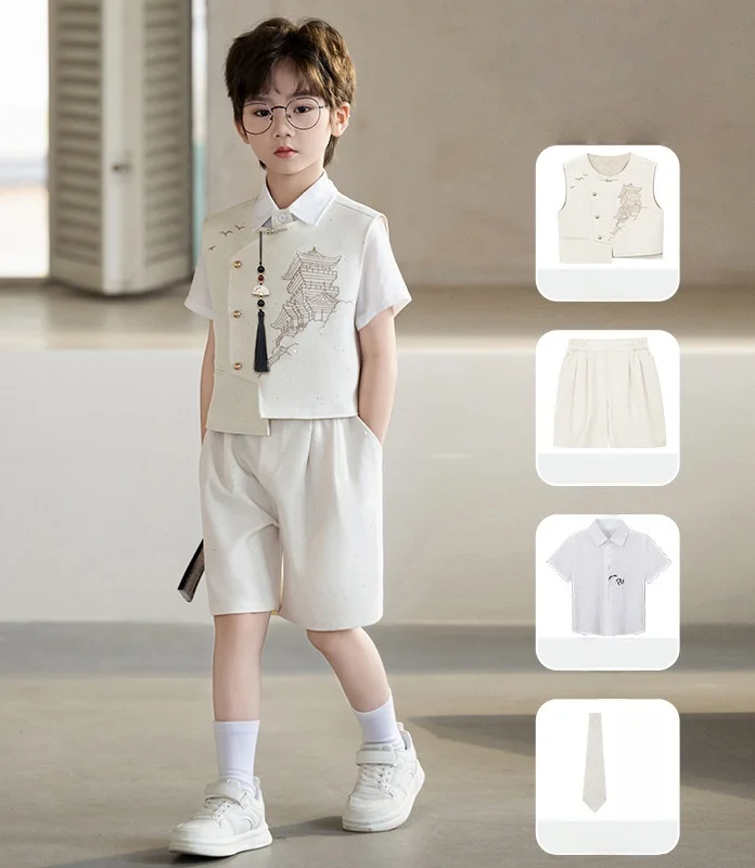 

Children's New Chinese Style Formal Wear Embroidered Retro Vest Set Boys' Children's Day Hosting Recitation Performance Costume
