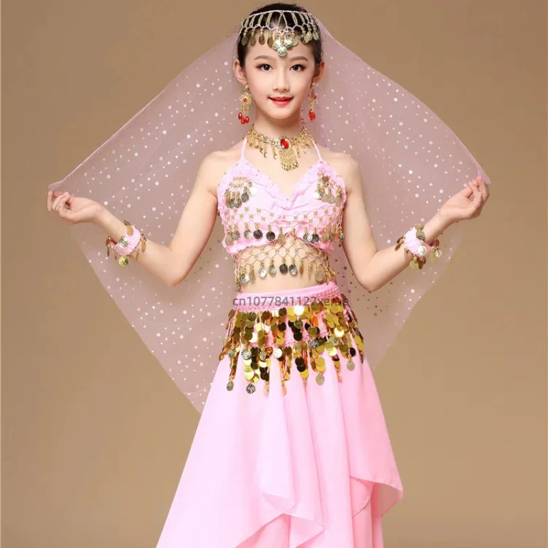 ชุด 6 ชิ้นเด็กอินเดียเต้นรําเครื่องแต่งกาย,สีชมพู Glitter Top,กระโปรงเอว CHAIN,Belly Dance Performance