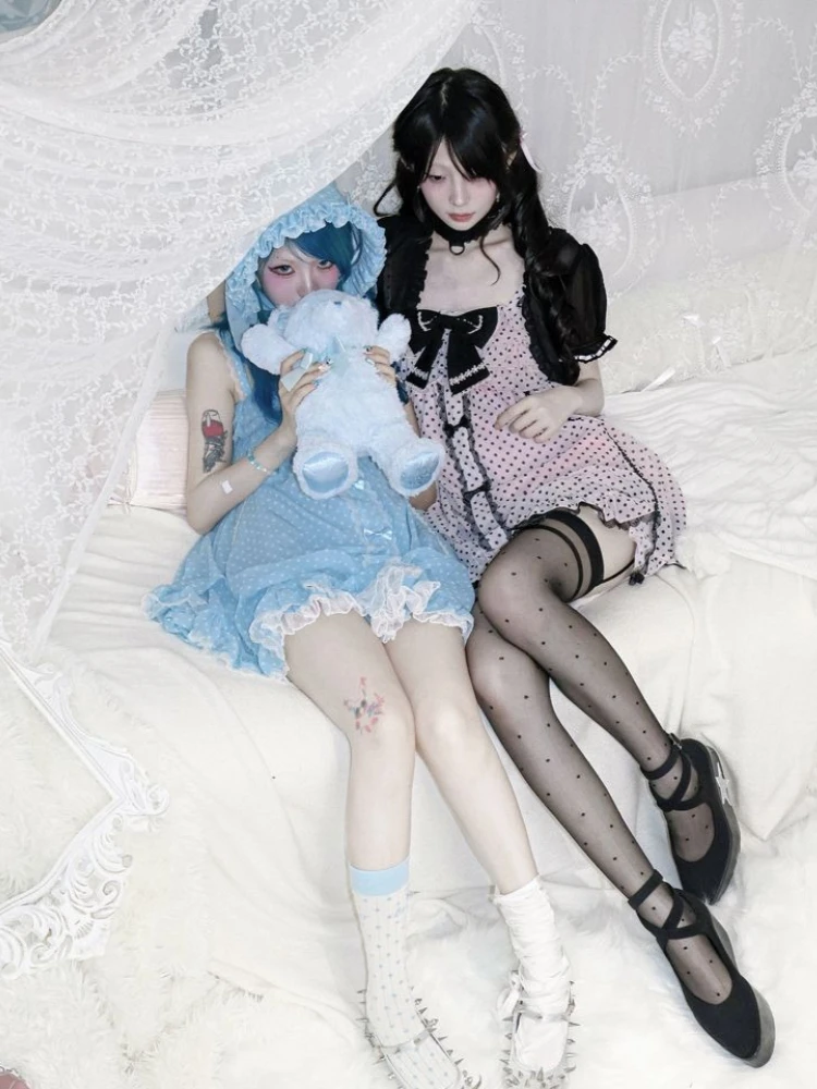 Fashion Sleeveless Strap Mini Dresses Japanese Vintage Gothic Kawaii Polka Dot Dress Set Women Y2k Gothic Black Bow Cute Dresses