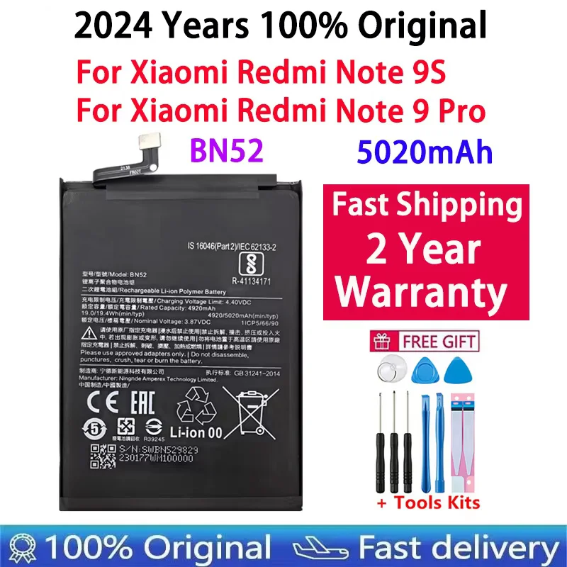 

Battery For Xiaomi Redmi Note 9S,Phone Replacement Batteries, Fast Shipping,100% Original,BN52,5020mAh,Note 9 Pro,2024 Years