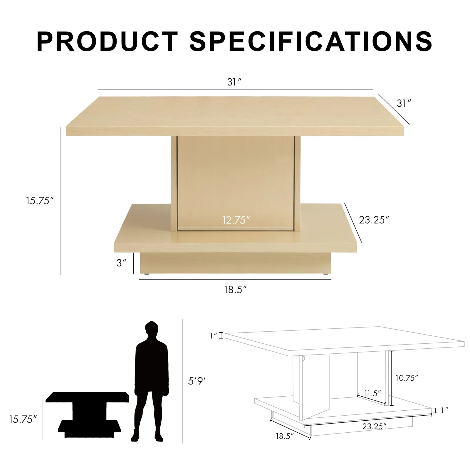 Café Tables31 Inch Square Coffee Table with Hidden Storage and Open Base Shelf Modern Design for Living Room