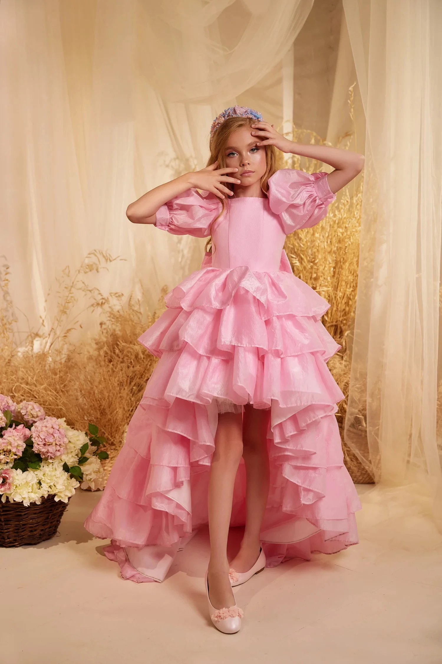 Vestido rosa menina flor para casamento, cetim puffy em camadas com laço, vestido de baile da primeira comunhão, princesa, 2024