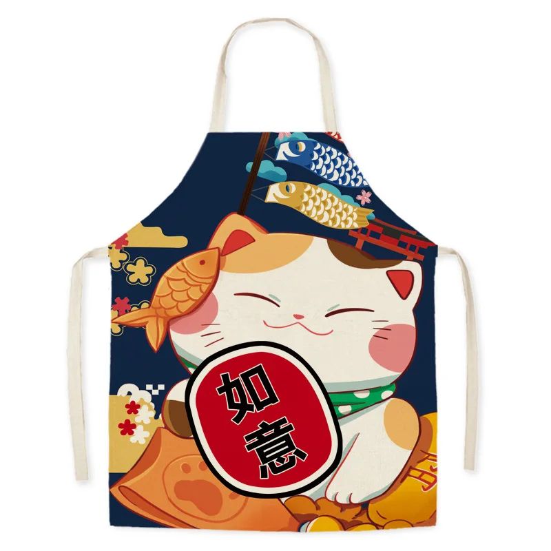 Japanese Cartoon Lucky Cat Decoration Sleeveless Apron Cotton Linen Kitchen Aprons Women Home Cooking Baking Waist Bib Pinafore