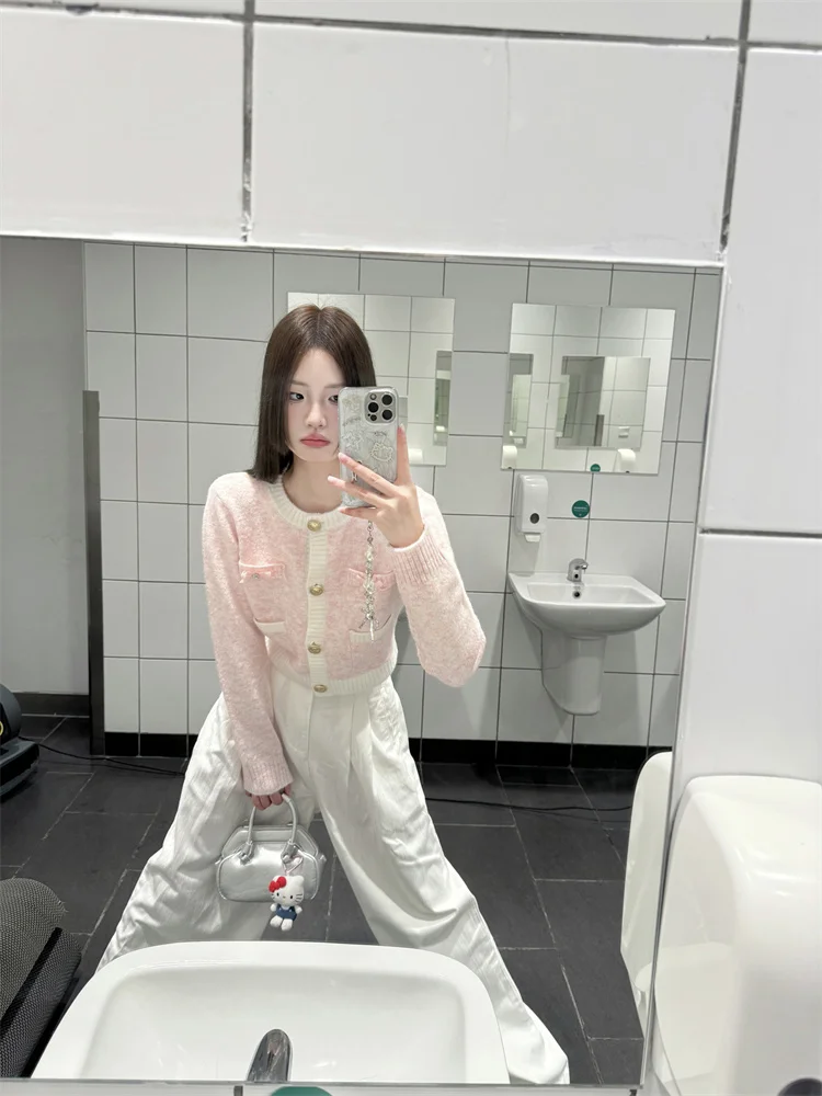 Sweet Style Pink Short  Knitted Cardigan for Women Autumn Stylish Slim Pocket Knit Long Sleeved Jacket Contrast Color Ropa Mujer