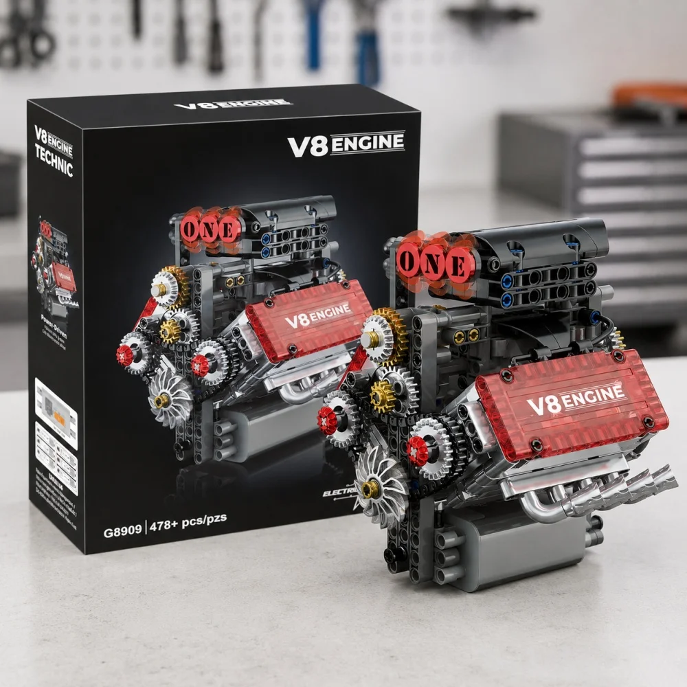 MOC Technical V8 Turbine Engine 478pcs Building Blocks, Fine Details Rotating Gears DIY STEM Educational Toy, 3D Decor Gift