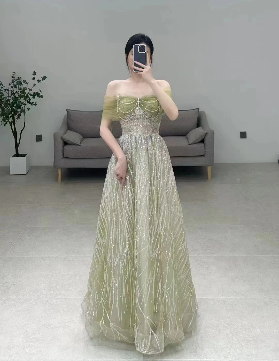 

SSYFashion New Romantic Tulle Evening Dress Pearls Sequins Beading A-line Floor-length Sparkling Formal Gowns Vestido De Festa