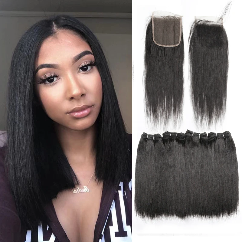 

Straight Human Hair Bundles And Closure Double Drawn Packet Hair Bundles With Closure Raw Indian Hair 4 Bundles With Closure