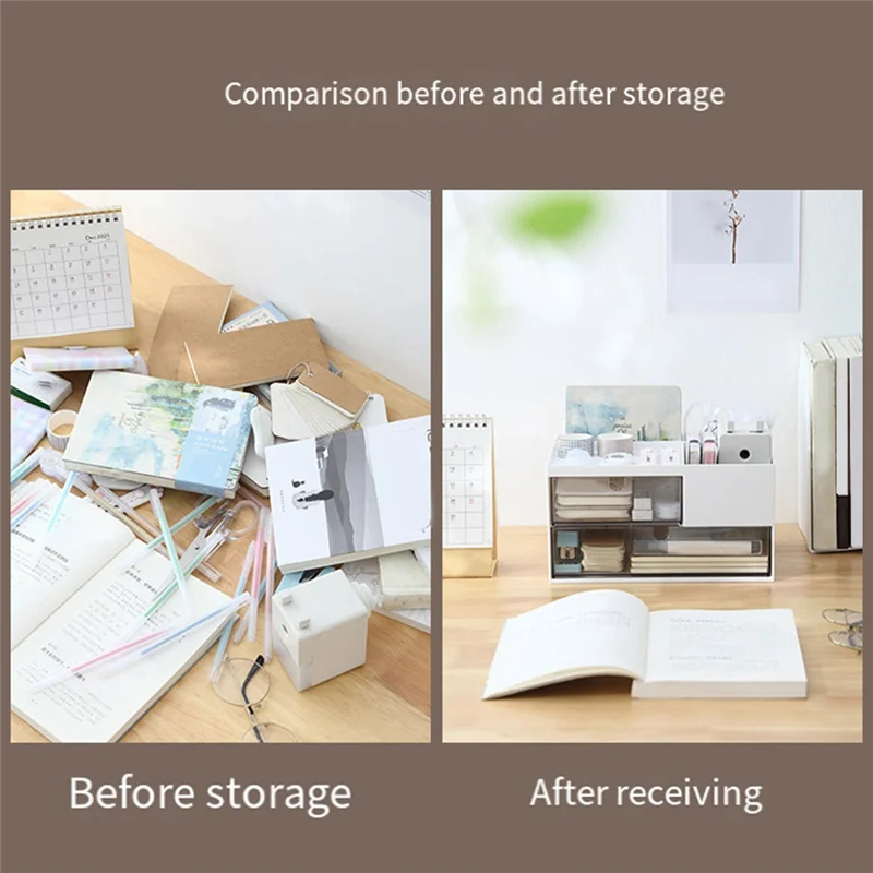 منظم مكتب بلاستيكي لتخزين المكياج مع درجين و4 حجرات، منظم مكتب