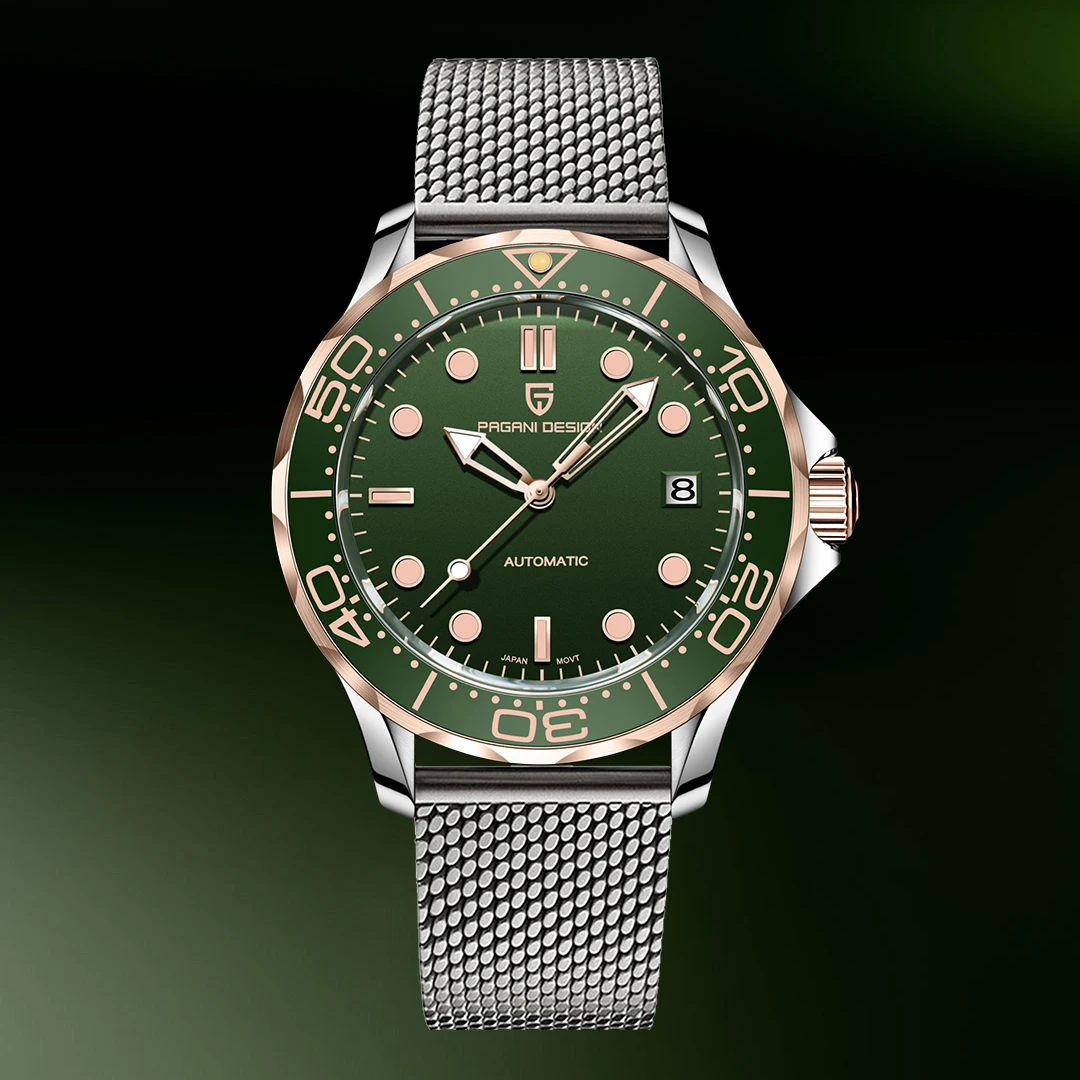 2026 New PAGANI DESIGN Men's Diving Watches Rose Gold Green Luxury Automatic Watch For Men MIYOTA 8215 Mechanical WristWatch Men