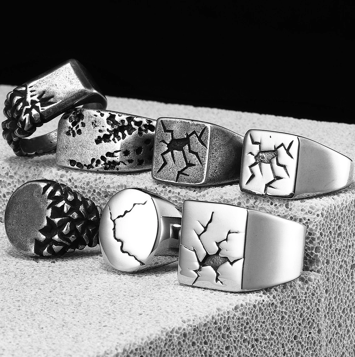 Cracked Texture Ring Men Corrosion Rings Stainless Steel Vintage Jewelry Punk Rock Gothic Streetwear Accessory Gift Dropshipping