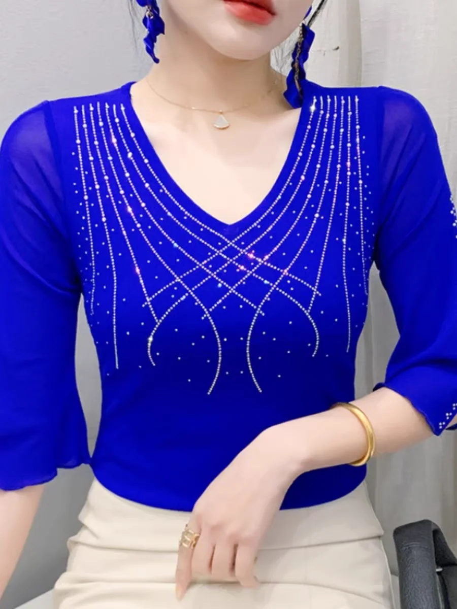 2025 Summer New T Shirts Mesh Tees Fashion Cross Hollow-Out Rhinestone Slim-Fit Half Sleeve Stylish Women's Top