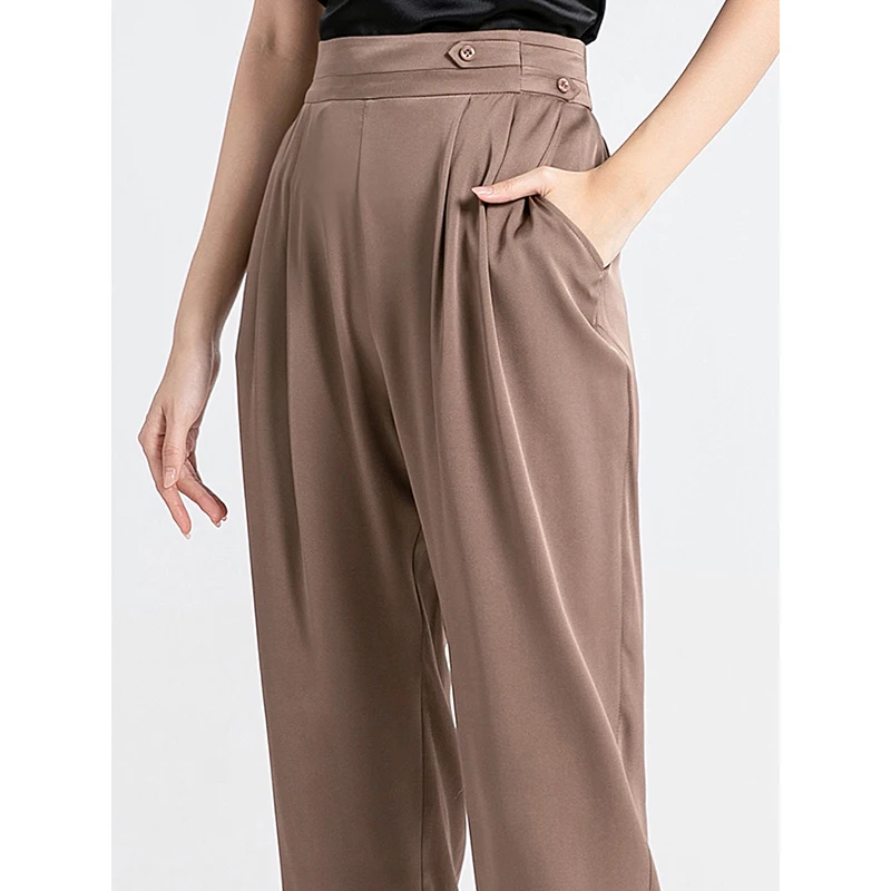 

95% Silk 5% Spandex Harem Pants Women Simple Design Solid 2 Colors Waist Button Ankle-Length Trousers New Fashion