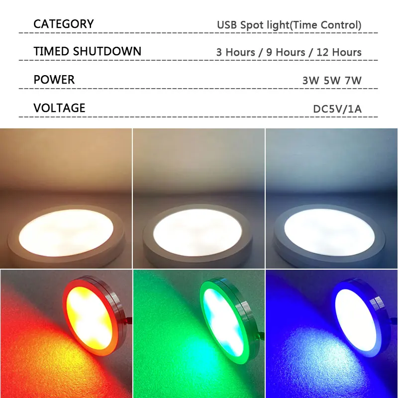 LED Time Control Under Cabinet Light USB 5V 3W 5W 7W Spotlight Surface Mounted Mini Circular Ceiling Portable Lamp