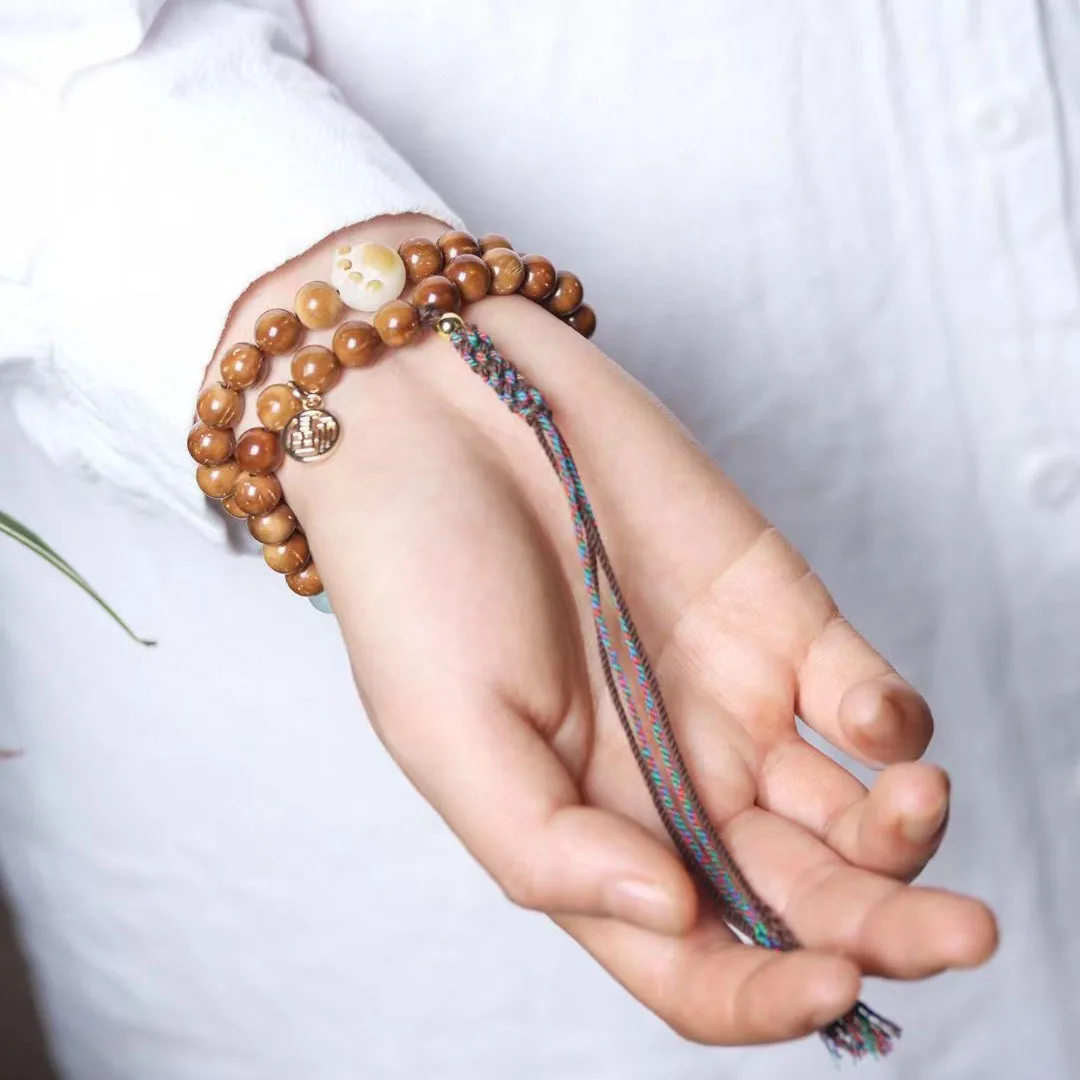 Premium Natural Kukui Bracelet Charred Cat Claw Double Strand Braided Tassel Worry Beads Exquisite Handicraft Jewelry