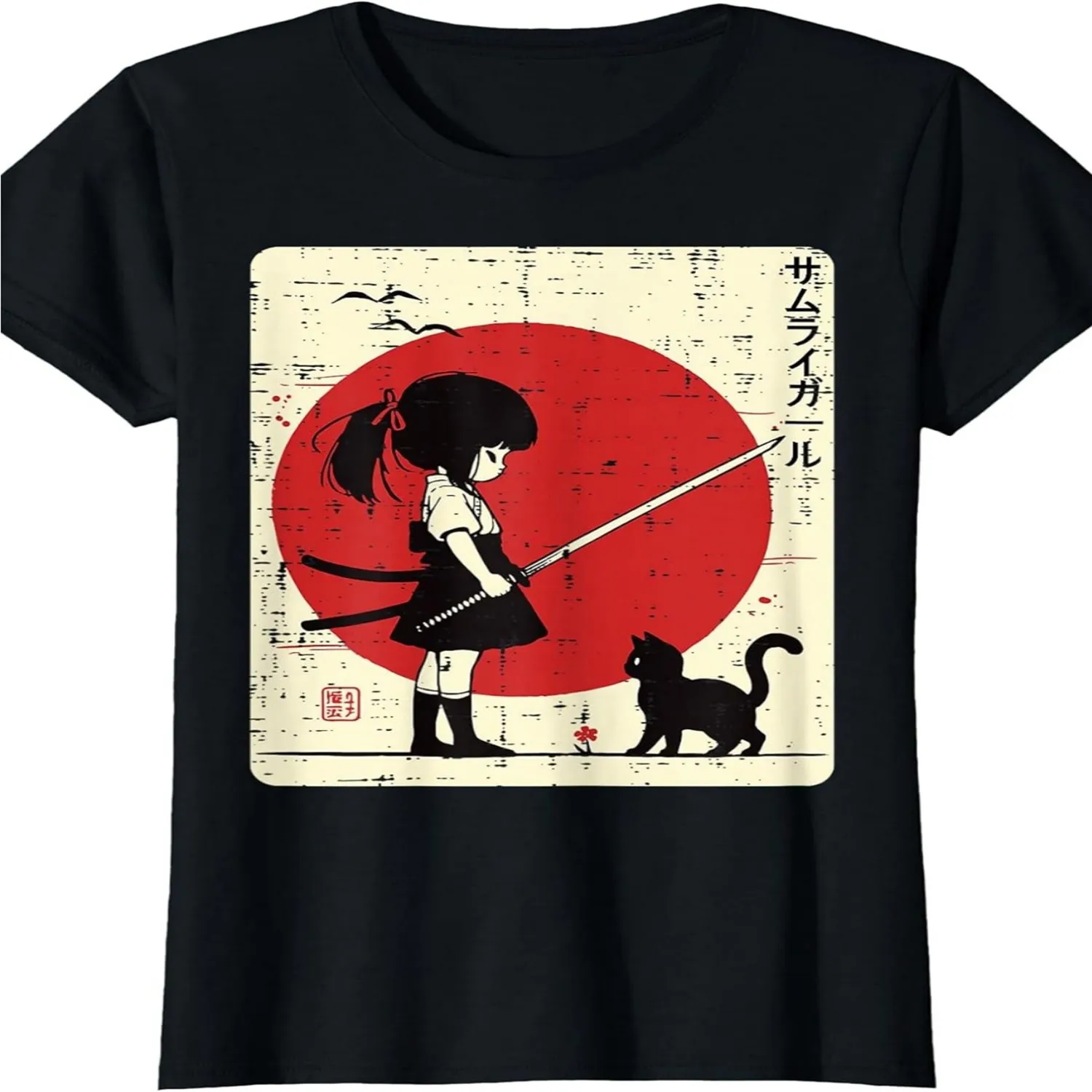 Japanese Samurai Girl Black Cat Kawaii Anime T-Shirt~Separate in New Tab gift for men, everyday wear tee