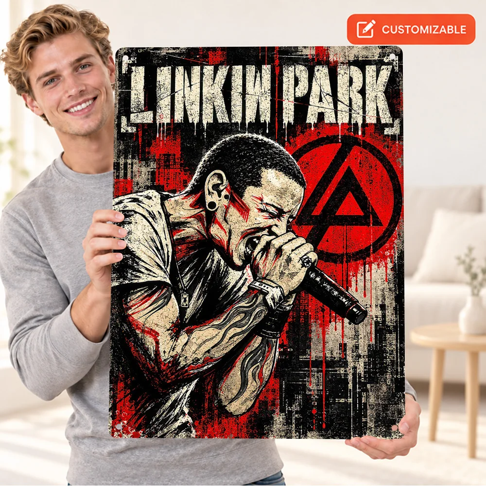 Linkin Park Chester Bennington Printed Poster Personalized Aluminum Sign Red Microphone Grunge Stencil Wall Art For Home Studio