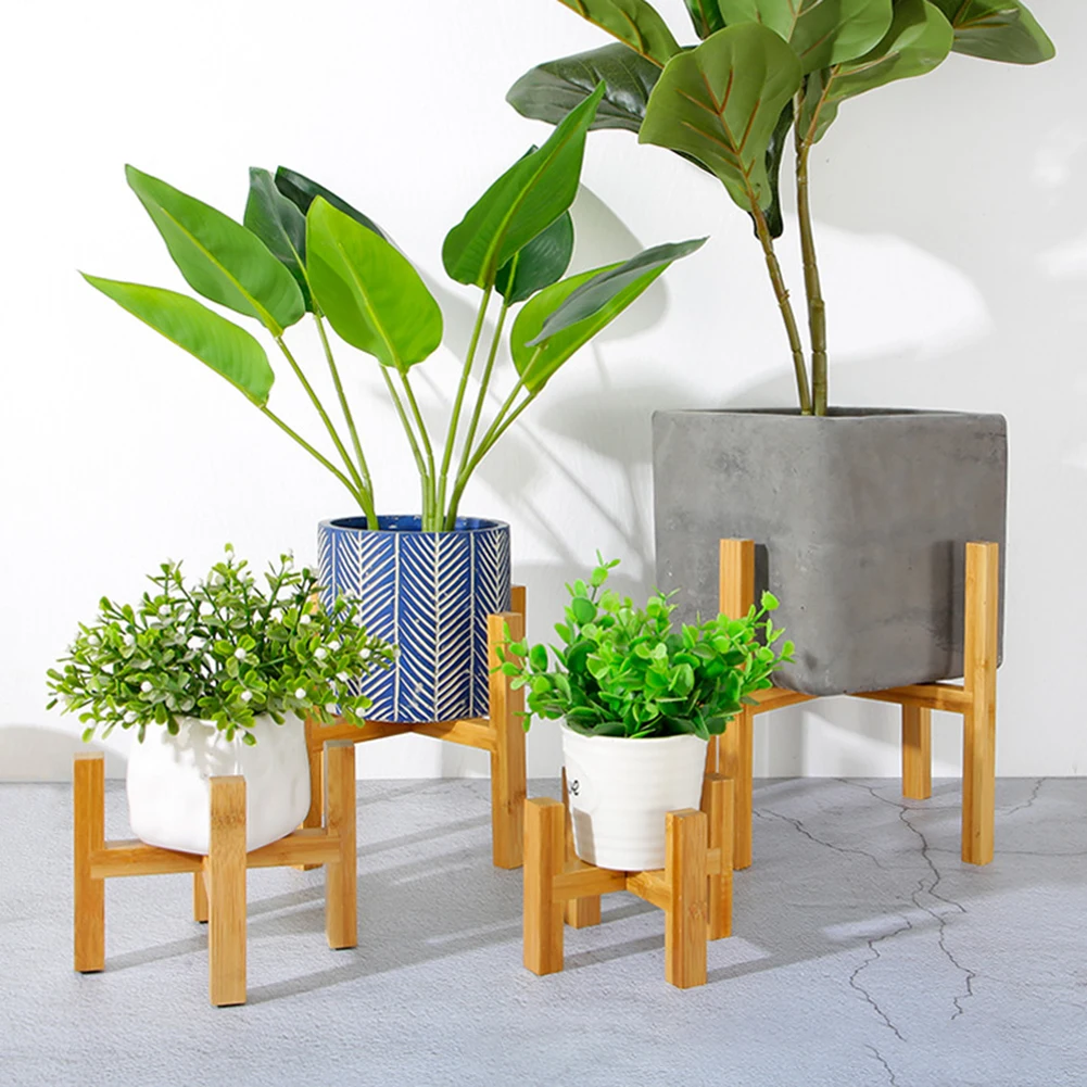 Home Standing Bonsai Holder Balcony Bamboo Wood Flower Pot Holder With Foot Pad Smooth Surface Modern Shelf For Garden