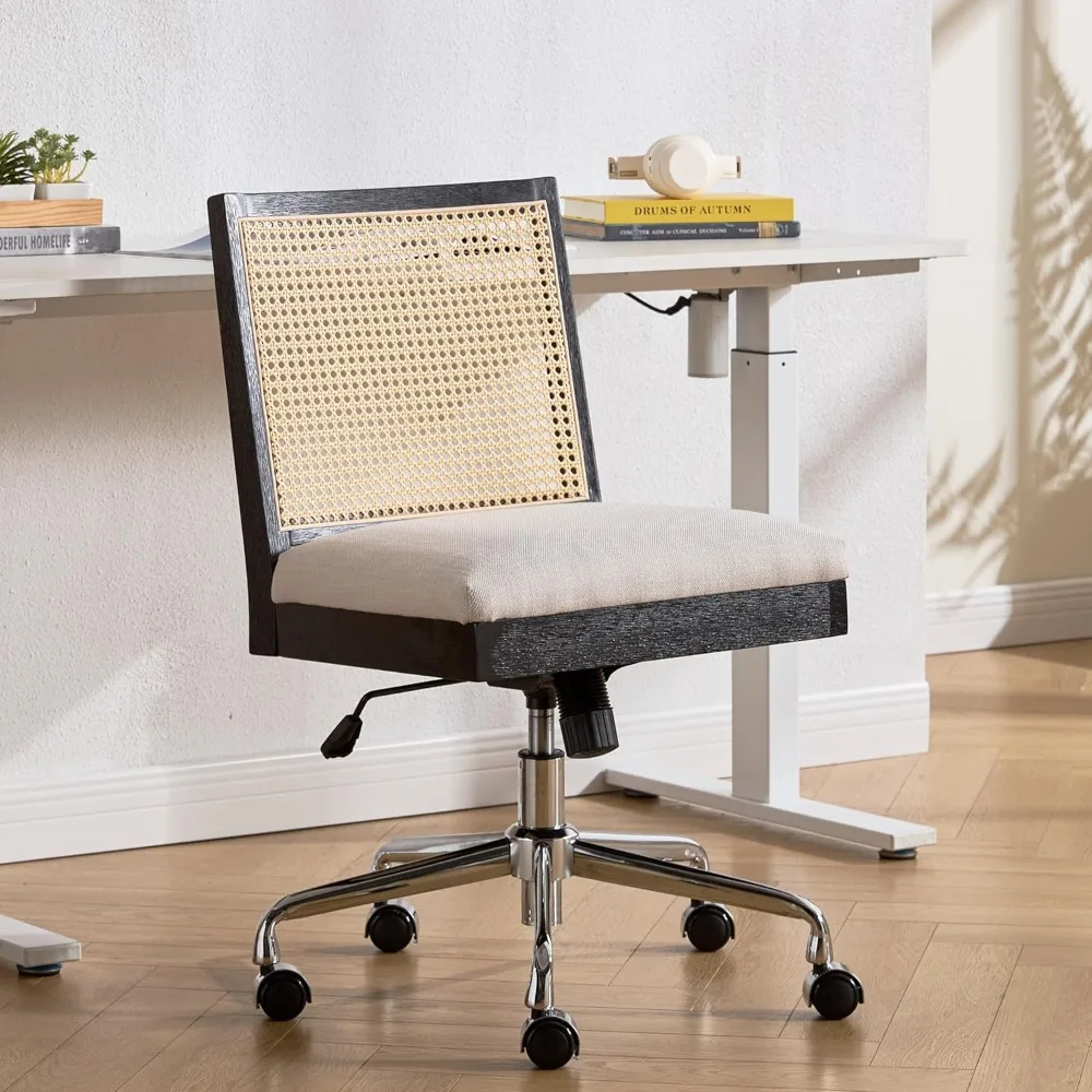 籐デスクチェア リネン生地張りコンピューターオフィスチェア、360 °   回転式ワークチェア（ホイール付き）快適なアームレスチェア