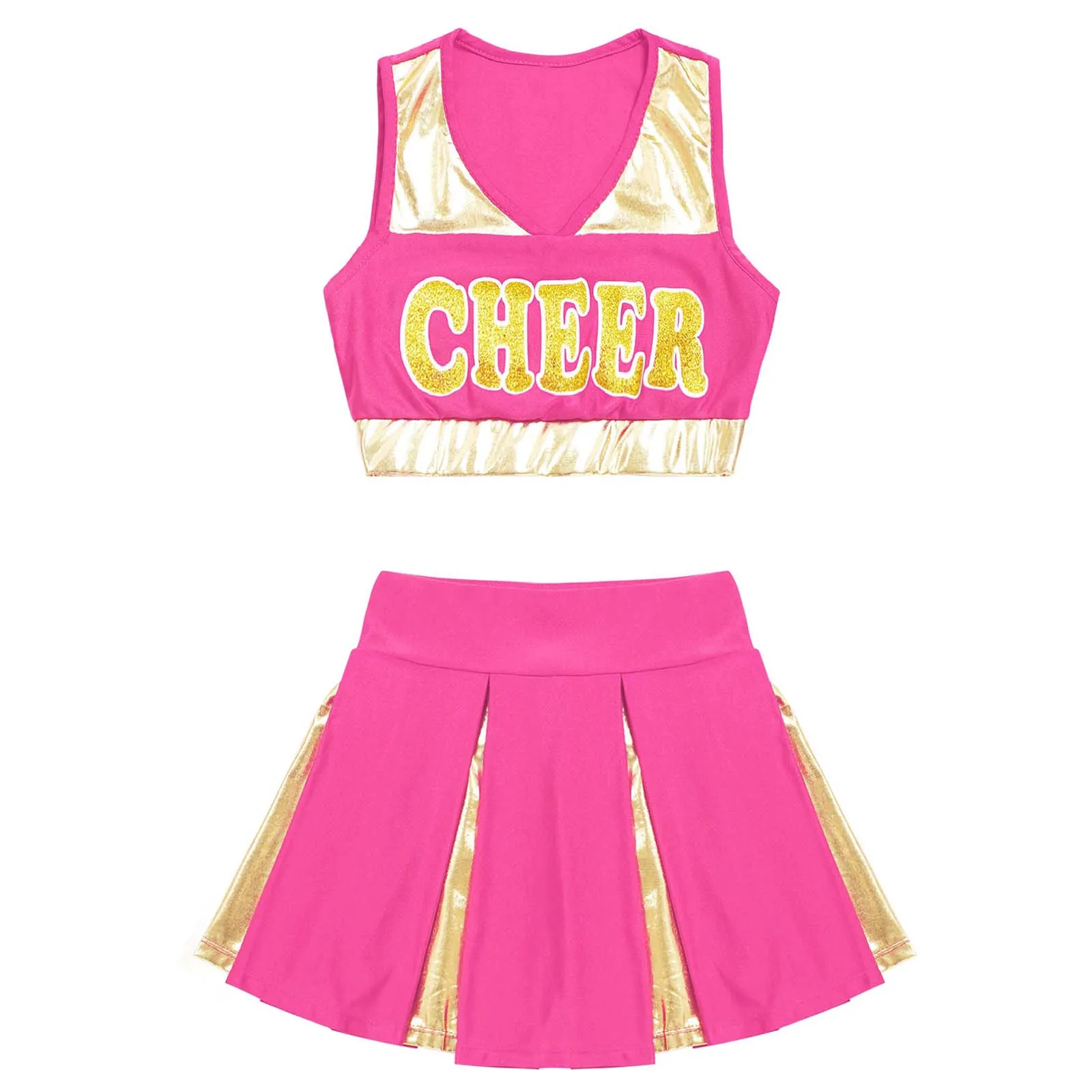 Set Kostum Tari Cheer Leader Musim Panas Seragam Pemandu Sorak Musim Panas Anak-anak Perempuan Atasan Crop Olahraga Gambar Cetak Huruf V-Neck Tanpa Lengan dengan Rok