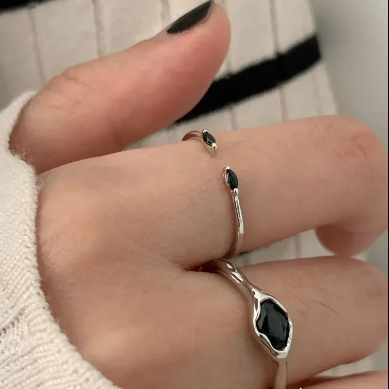 Minimalist Black Narrow Silver Color Rings for Women Korean Simple Adjustable Fashion Band Female Bijoux Jewelry Accessories