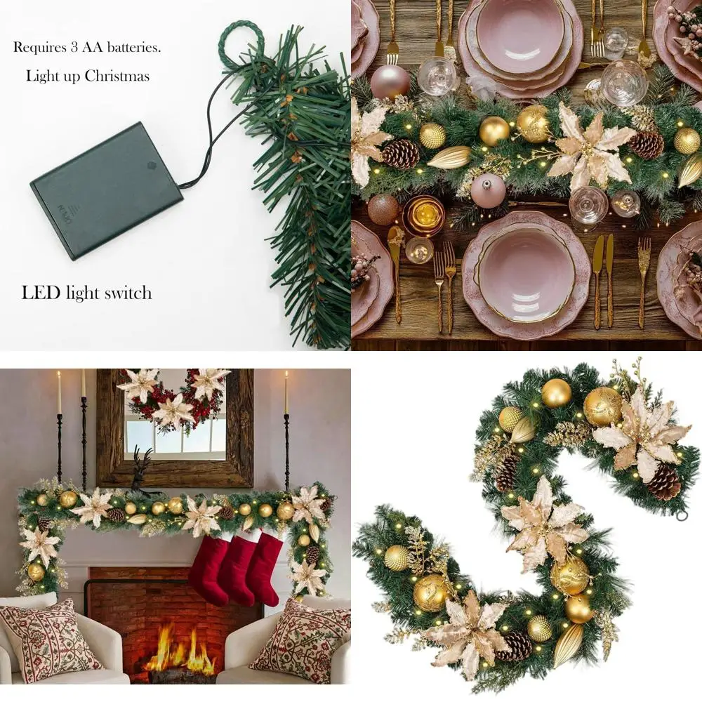 

Battery-Powered 6-Foot Gold Christmas Garland with LED Lights, Pine Cones, Berries, Glitter Branches, and Poinsettias for Indoor