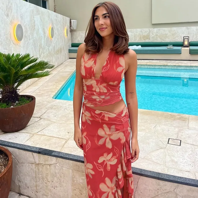

2025 Summer Holiday Floral Print Mesh 2 Piece Set V-neck Lace Up Halter Backless Tank Crop Tops + Ruffles Maxi Skirts Beachwear