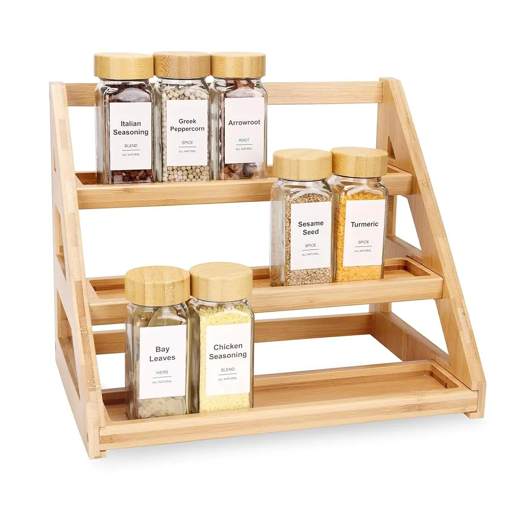 

3-Tier Natural Bamboo Spice Ra Organizer - For Kitchen Cabinets, Countertops & Pantries - Space-Saving Tiered Shelf