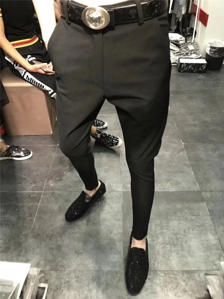 Man Suits Pants Tight Slim Fit Stretch Tressed Elastic Black Summer 2024 Work Wear Trousers For Men Clothing Premium Up