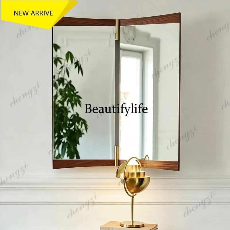 E153 medieval hanging triple folding bathroom mirror adjustable multi-angle makeup mirror solid wood frame mirror