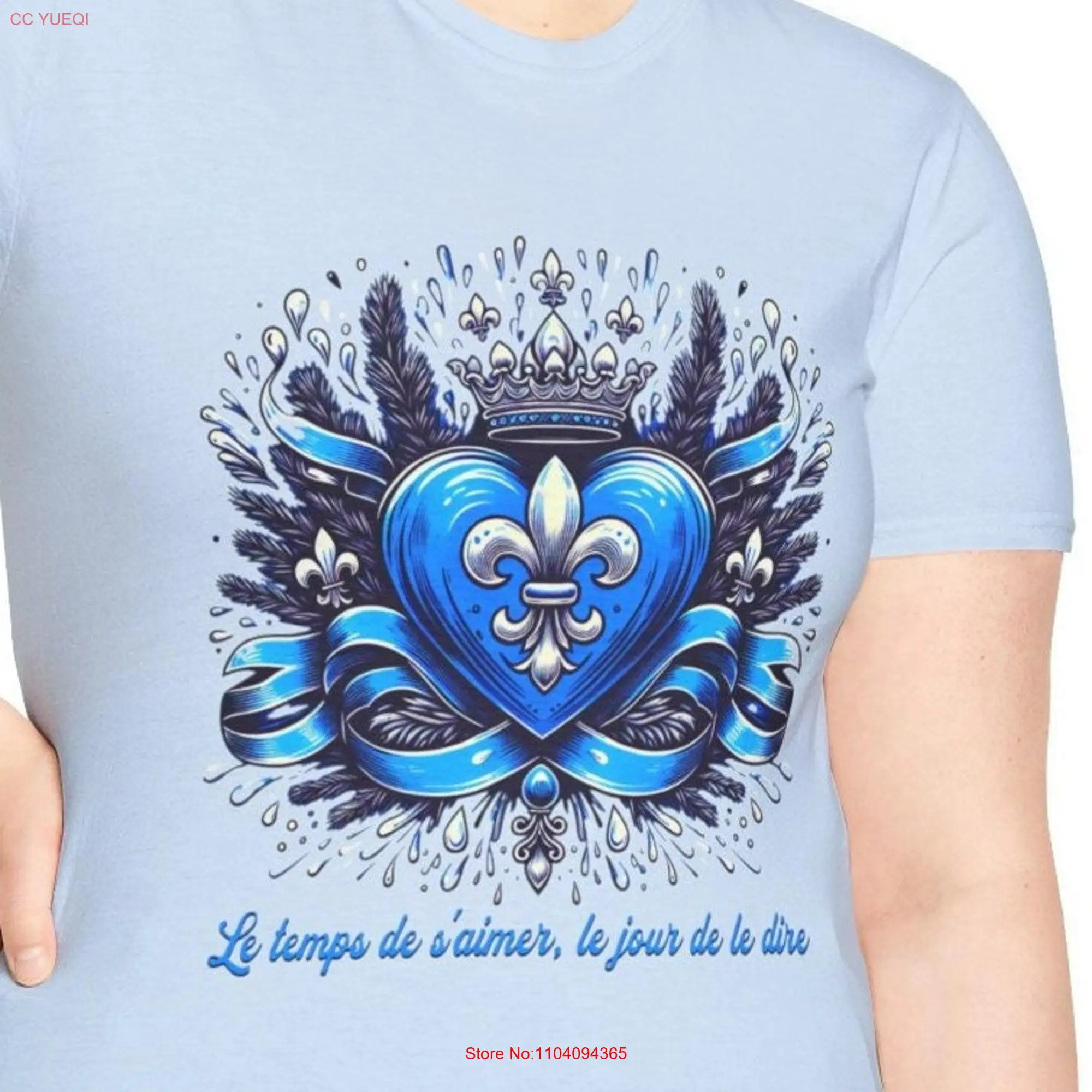 Show your Quebec love cotton tee with blue hearts and fleur de lys echoing 'Gens du Pays' lovers on St Jean Baptiste day