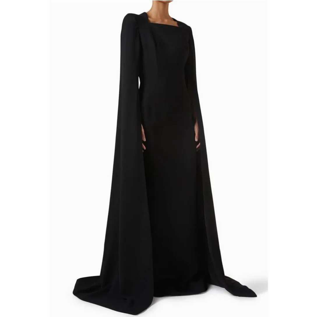 

Customized Long Black Crepe Evening Dresses with Cape Mermaid Square Neck فساتين السهرة Floor Length Prom Dress for Women