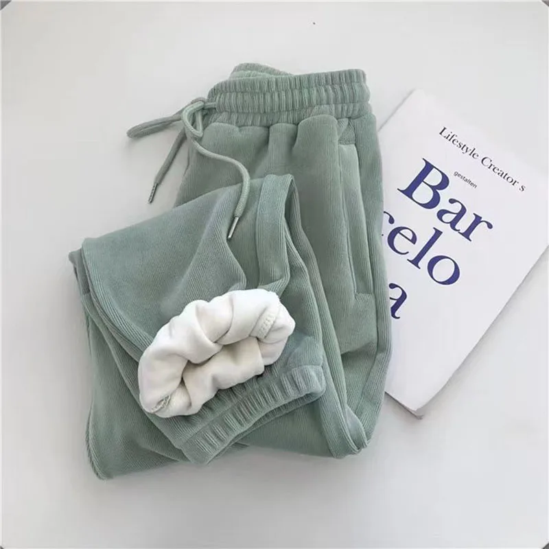 Gidyq pantaloni a gamba larga in velluto a coste invernale donne coreane a vita alta spessi caldi pantaloni sportivi Casual larghi femminili tutti