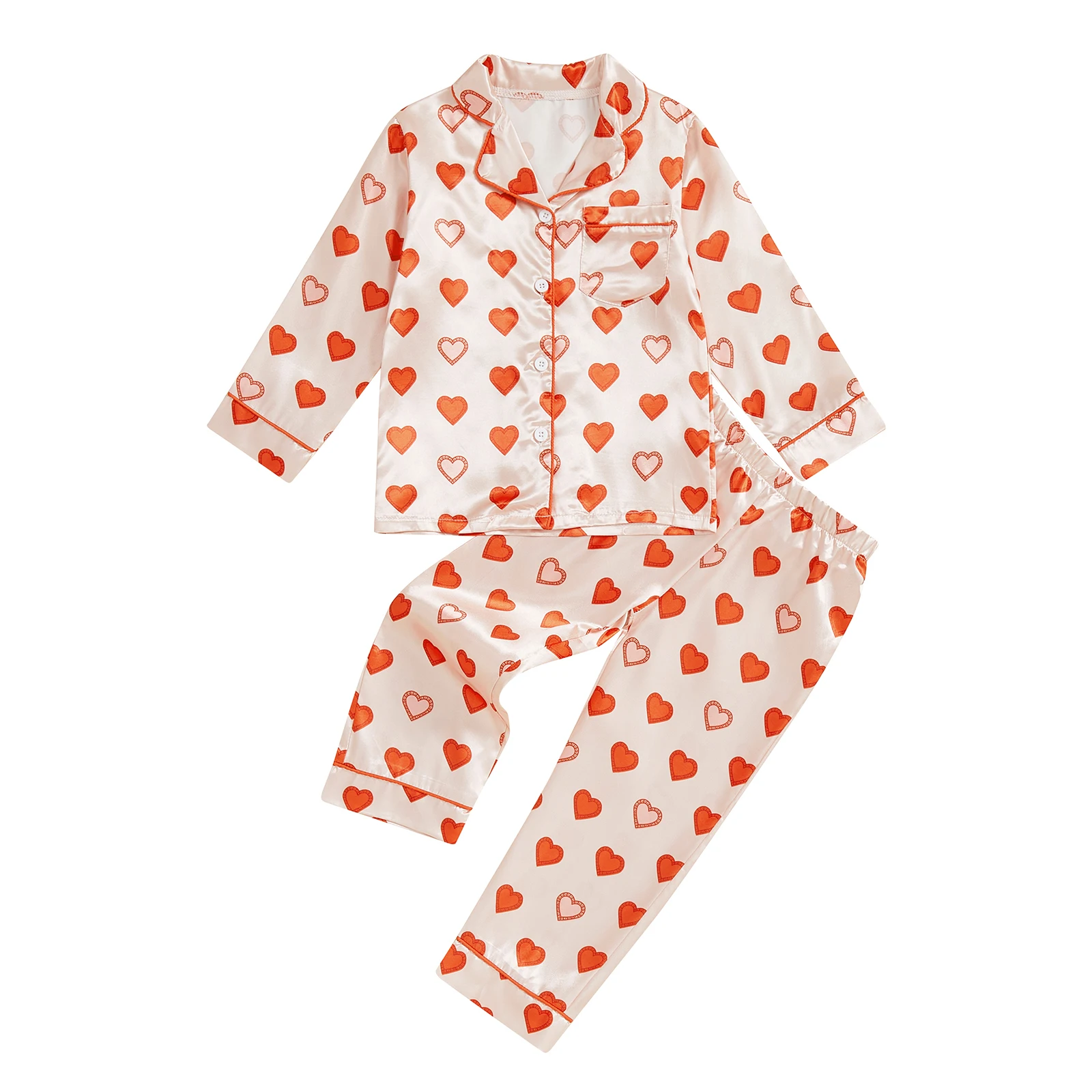 

Toddler Girl Satin Pajamas Set Heart Print Lapel Long Sleeve Button Down Tops with Pants Sleepwear