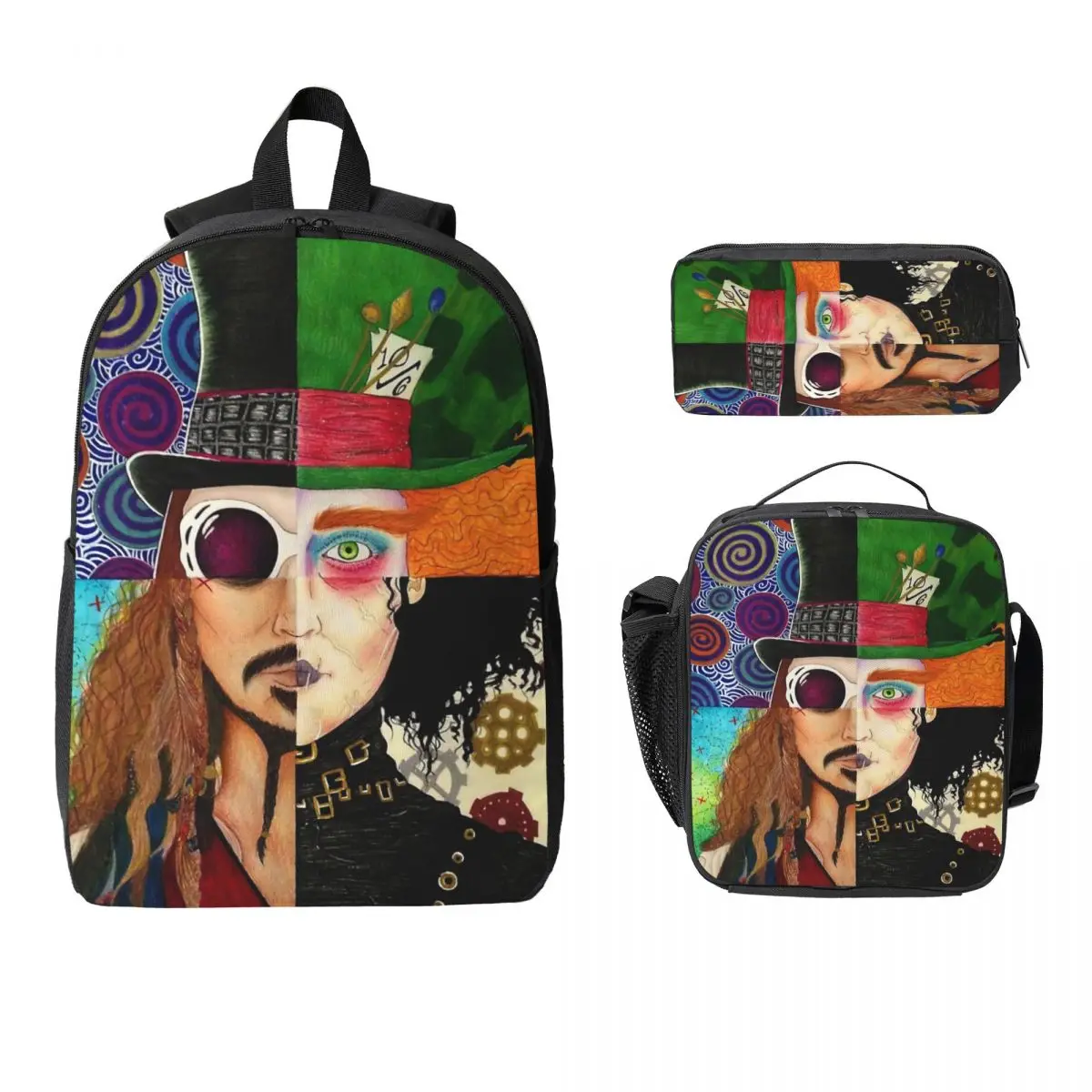 Johnny Depp Character Collage Backpack Boys Girls BookBag School Bag Laptop Shoulder Bags 3ps Insulated Lunch Bag Pencil Case