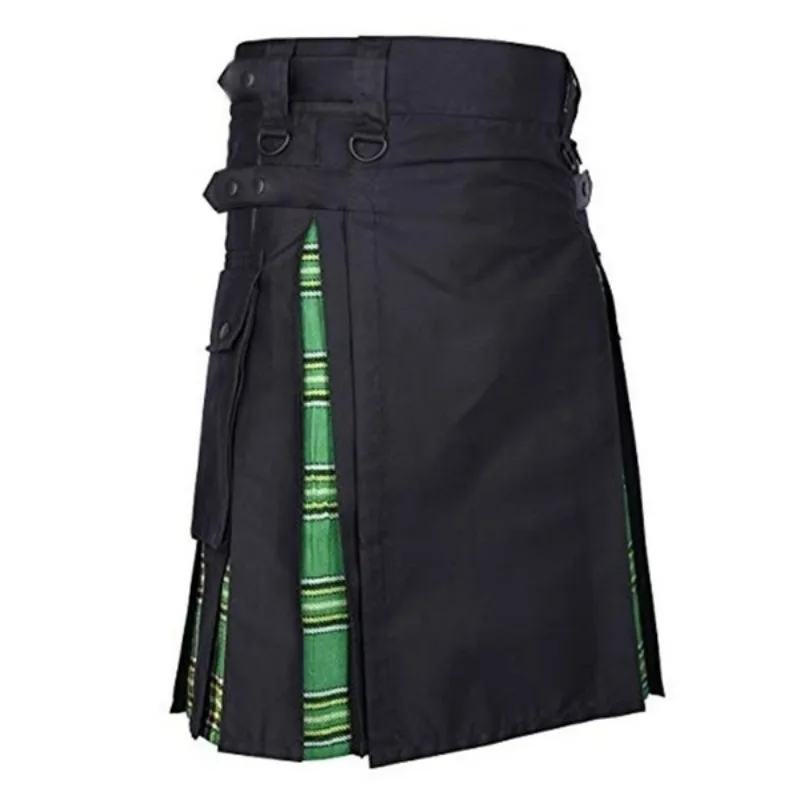 Kilts-Men\'s Plus Size Scottish Hybrid Black Cotton & Tartan Utility Kilts with Leather Straps Kilts for Men